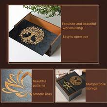 1 pieza Caja de almacenamiento de madera negra mística con patrones de loto, luna triple y árbol de la vida - Organizador de cartas de tarot, cristales y piedras de energía con líneas suaves y construcción duradera - Multicolor - Ver 2