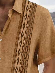 Men'S Casual Hawaiian Shirt , 100% Polyester, Short Sleeve, Button Front, Lapel Collar, Regular Fit, Woven Fabric, Summer   Loose    Button Front  Button Shirt ﻿ - Coffee Brown - View 4