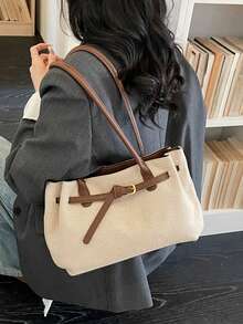 女士时尚大容量编织帆布搭扣单肩手提包 - 咖啡 - 查看 8