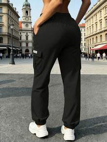 女士时尚实用多口袋工装裤，采用舒适弹力面料，适合日常穿着、工作、办公、旅行和户外活动，黑色春季款 - 黑色 - 查看 2