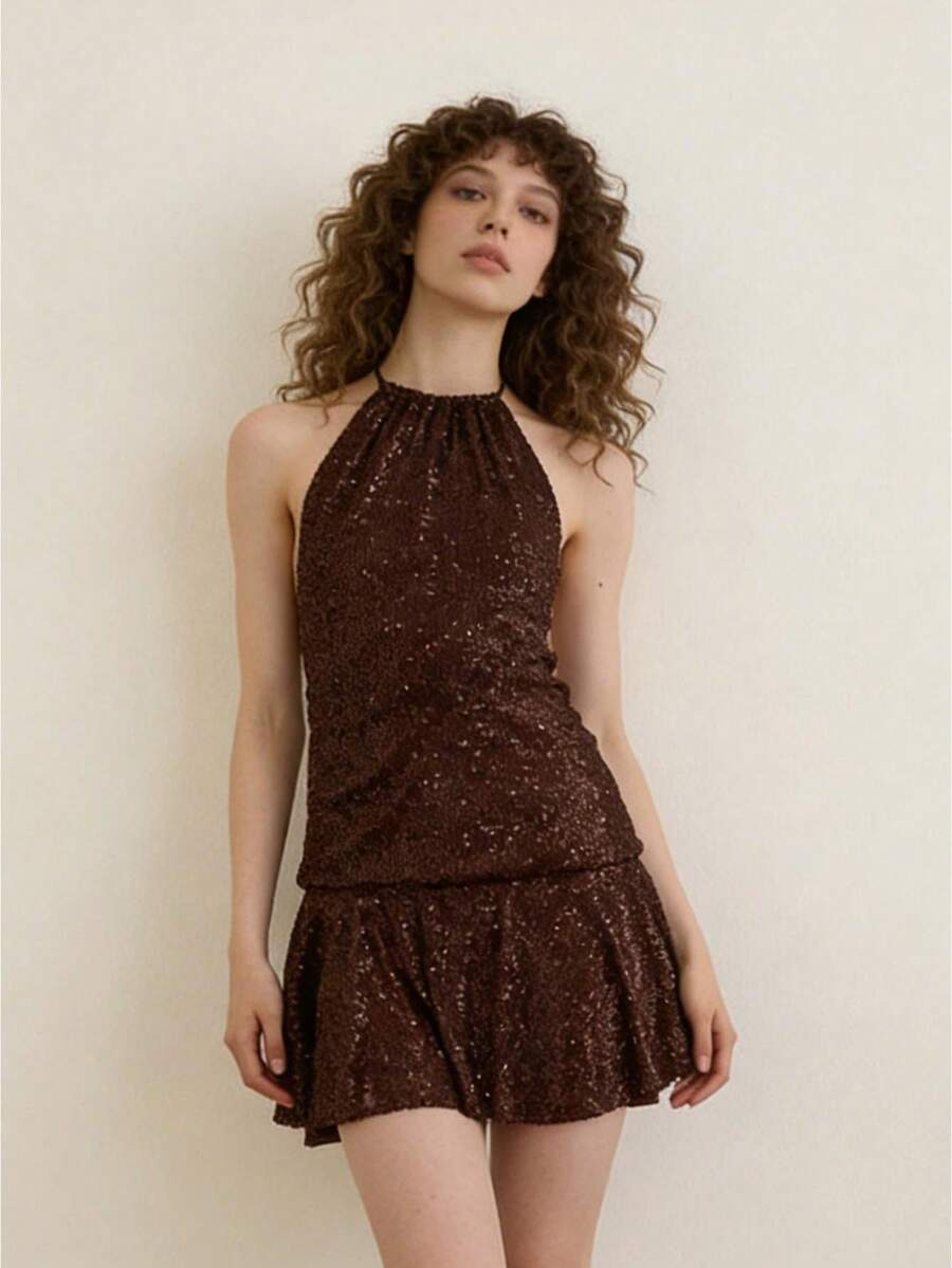 Women's Sequin Halter Mini Dress Summer Fashionable Sleeveless Backless Ruffle Hem Dress - Café - Ver 1