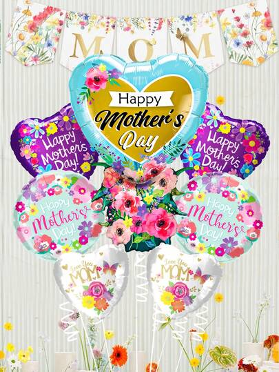 7个蓝色心形气球，蓝色心形花朵气球，母亲节快乐派对装饰，庆祝母亲节，送给妈妈的礼物，拍照道具，母亲节场景装饰，室内/室外装饰，拍照道具