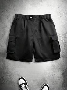 Men's Black Pleated Cargo Shorts, Button Waist Cuffed Multi-Pocket Streetwear - Black - View 4