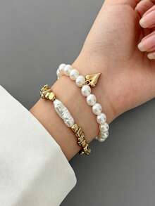 2件套心形吊坠金属手链，串珠仿珍珠多层首饰 - 彩色 - 查看 1