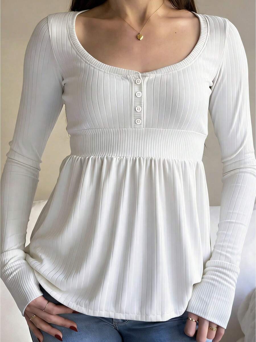 Awevudst Women's Babydoll Tops Long Sleeve Henley Shirts Cute Scoop Neck Ribbed Knit Blouse - 白色 - 查看 1