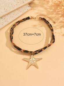 1pc Bohemian Leopard Print Rope With Chunky Starfish Necklace For Women Beach Choker Neck Jewelry Gift - Multicolor - View 3