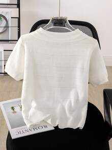 女士透气镂空 Polo 领针织上衣，夏季 - 白色 - 查看 10