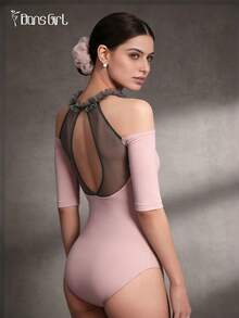 DonsGirl 女士芭蕾舞紧身衣，荷叶边领口饰有蕾丝花边，半袖，春季舞蹈表演服 - 藕粉色 - 查看 5