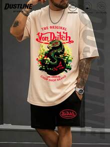 Men's Creative T-Shirt & Shorts Set American Vintage Full Print Street Wear Essential Graphic Tee With Dragon Floral & Logo For Casual Outfits - 杏色 - 查看 2
