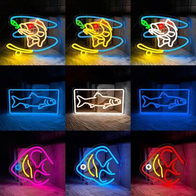 Fish Neon Sign,Fishing Themed LED Neon Light Sign For Wall Decor,USB Powered,Neon Light For Fishing Gear Store,Man Cave,Yacht Party,Bedroom,Living Room,Game Room,Boys Gifts,Easy To Hanging.