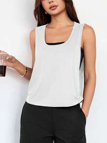 Women's Loose Sleeveless Diamond Pattern Fabric Sports Tank Top, Suitable For Outdoor Leisure, Commuting, Gym Workout, Short Coverup For Spring/Summer - White - View 5