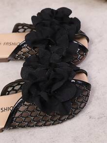 1 Pair Girls' Mesh Embroidered 3D Flower Peep-Toe Flat Sandals, Suitable For Spring And Summer, Princess Shoes - Black - View 6
