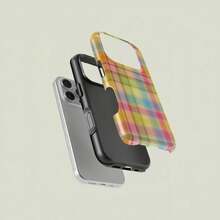 Colorful Plaid Pattern Retro Square 2-In-1 Film Phone Case Frosted For IPhone 17 Air/16/15/14/13/12 Pro Max 14 15 16 17 Plus 11/X/Xsmax/Xr/7/8/Se Thickened Double-Layer Drop-Proof Protective Case Anti-Yellowing And Bright Colors - 黑色 - 查看 4
