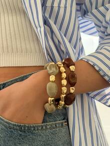 LADYCOCO 3pcs Vintage Elegant Coffee Color Acrylic Beaded Bracelet Set, Suitable For Women And Couples Daily Wear - Multicolor - View 4