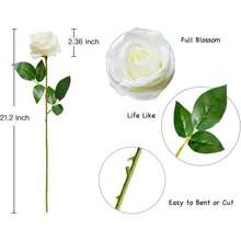 1/6/10支装仿真丝玫瑰花束，长茎逼真玫瑰，适用于家居装饰、房间装饰、婚礼装饰、派对、母亲节礼物、花篮、汽车装饰、服装配饰、心形花束、情人节礼物、桌面装饰、中心摆件、DIY花束（白色） - 白色 - 查看 2