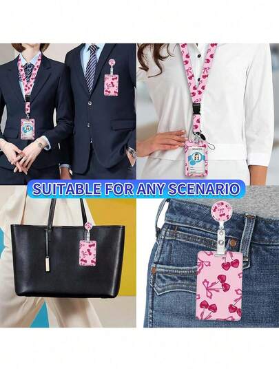 樱桃蝴蝶结设计可伸缩证件卡套，配有励志可拆卸挂绳，竖式卡槽，适用于家庭、办公室、医生、护士、教师、学生和专业人士