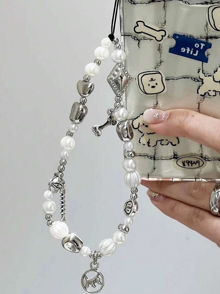 1件可爱ins风简约韩版银色小狗鱼骨挂绳手机挂件包包吊坠汽车钥匙扣，卡通合金蝴蝶结珍珠手机挂绳 - 彩色 - 查看 1