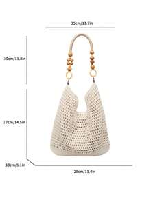 Red Woven Bag With Elegant Niche Crochet Cotton Yarn Straw Bag, New Large Capacity Underarm Bag, Vacation Style Women Handbag - Beige - View 3