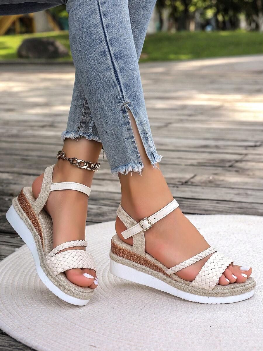 WRCVS Sandal đế xuồng dày dặn màu be dành cho nữ, quai đan, giày mùa hè nhẹ với đế dây gai dầu thật, sandal đế xuồng tăng chiều cao phong cách Bohemian, đồ dùng cần thiết khi đi du lịch.