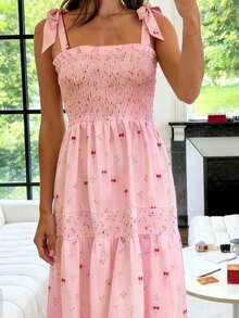 Womens Tie Shoulder Dress Summer Sleeveless Square Neck Cherry Floral Print Dress Long Smocked Dress - Rosa - Ver 3