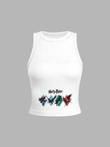 Whysmera SHEIN X Harry Potter Top sin mangas estampado para mujer - Cómodo y de moda, una pieza esencial para el armario de verano - Blanco - Ver 3
