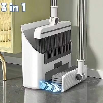 3-In-1 Broom And Dustpan Set, Combines Broom, Dustpan And Hidden Floor Brush, 180° Rotation For Thorough Cleaning, Auto-Retract Design To Prevent Leakage, Can Remove Hair Without Hand-Pulling, Foldable And Upright Storage To Save Space, Making Home Cleaning More Efficient And Convenient.