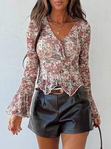 春季花卉印花V领喇叭袖女式上衣 - 彩色 - 查看 6
