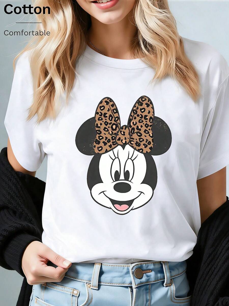 Disney (Loose Version)Comfortable Cotton Round Neck Regular Sleeve Minnie Mouse Print T-Shirt For Women Casual Style Regular Length Top Short-Sleeved Round Neck Casual Shirt Necessary In Summer, Suitable For Summer And Spring, Holiday Gift Party Clothing, Ladies' Clothing. - 白色 - 查看 1