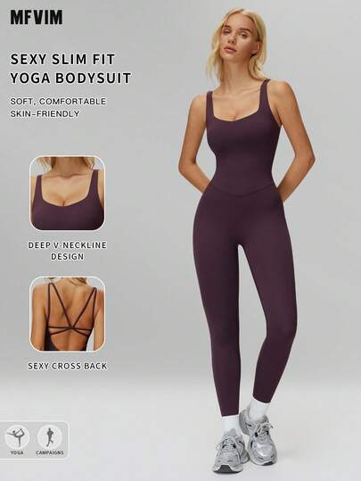 MFVIM Spring & Autumn One-Piece Yoga Jumpsuit, Tight-Fitting Slimming Jumpsuit For Running, Workout, Fitness. Deep V-Design At Back Waist Accentuates Slim Waistline. Fitted Silhouette Shapes And Lifts. Breathable, Stretchy, Soft Fabric For Casual, Outdoor, Running, Yoga, Pilates, Gym Workouts