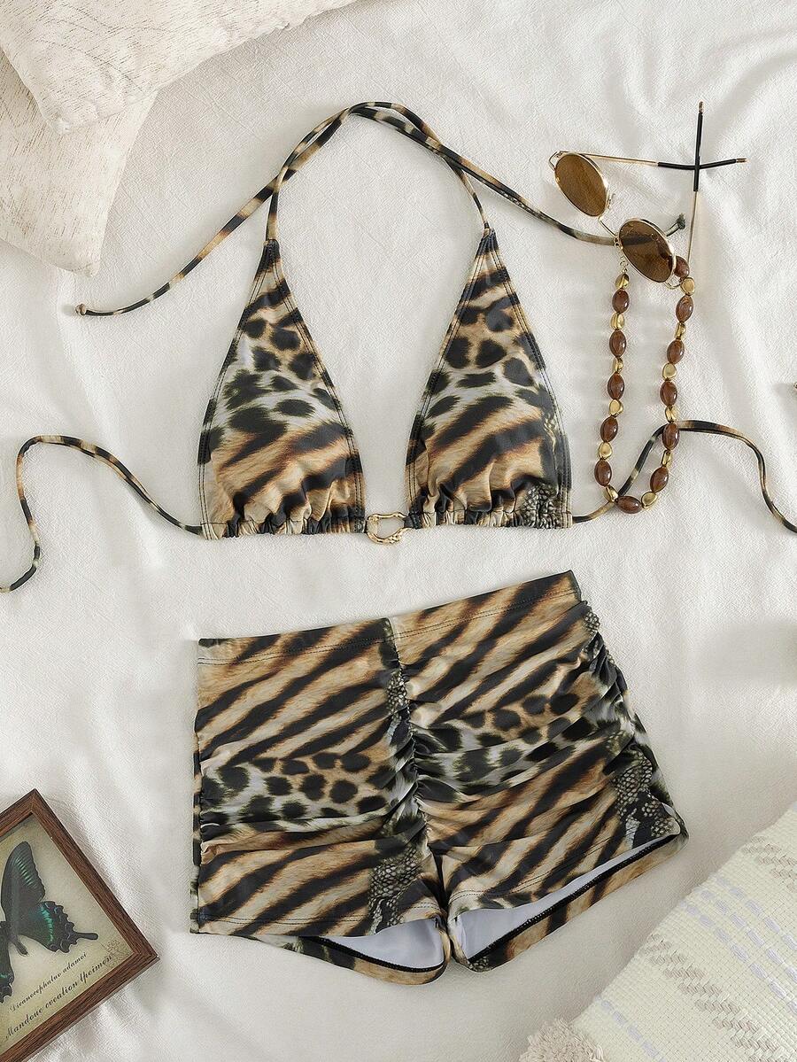 Bộ bikini thời trang gợi cảm họa tiết da báo, trang trí kim loại, kiểu dây buộc cổ, thích hợp cho kỳ nghỉ hè, đi biển. - Nhiều màu - Xem 1