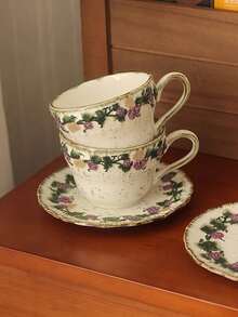 French Retro Grape Vine Embossed Ceramic Cup And Saucer Set, Shallow Embossed Craftsmanship, Unique Pattern Design, Coffee Cup And Saucer, Afternoon Tea Cup And Saucer, Beverage Cup, Latte Cup, Snack Plate, Suitable For Daily Use, Home, Restaurant, Cafe, Suitable As A Gift - Multicolor - View 6