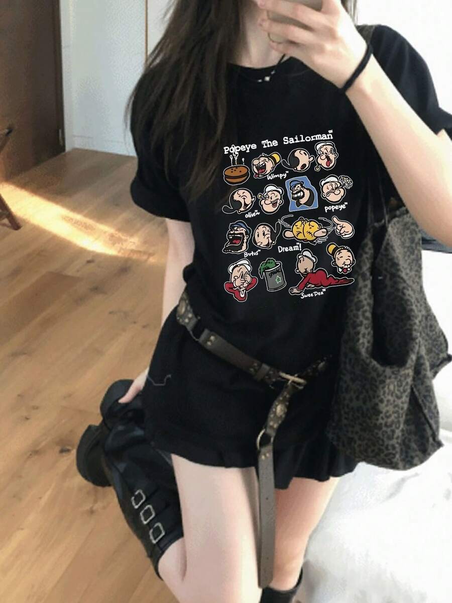 新款复古美式卡通印花短袖T恤，独特设计修身休闲上衣，夏季黑色