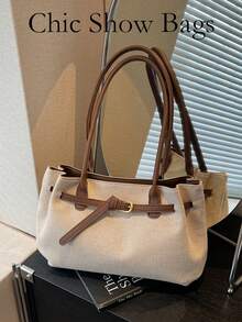 女士时尚大容量编织帆布搭扣单肩手提包 - 咖啡 - 查看 2