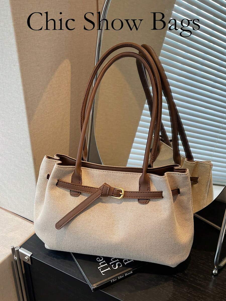 女士时尚大容量编织帆布搭扣单肩手提包