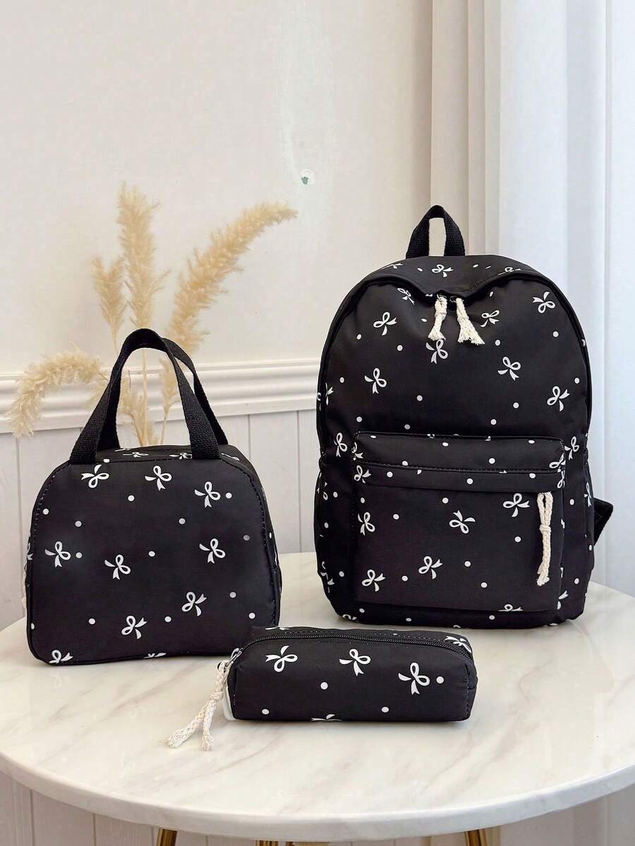 Nueva mochila con estampado de moño, adecuada para estudiantes de primaria, secundaria y preparatoria, bolsa para laptop - Negro - Ver 1