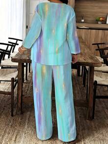 1 Set Retro Woven Small V-Neck Long-Sleeve Wide-Leg Pants Women's Plus Size Set For Summer Home & Birthday Gift, With Cyan-Blue-Purple Gradient Gold Line Splash - 彩色 - 查看 3