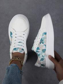 2026新款女士系带休闲运动鞋，白色运动鞋，滑板鞋，轻便街头滑板鞋 - 藍白色 - 查看 3