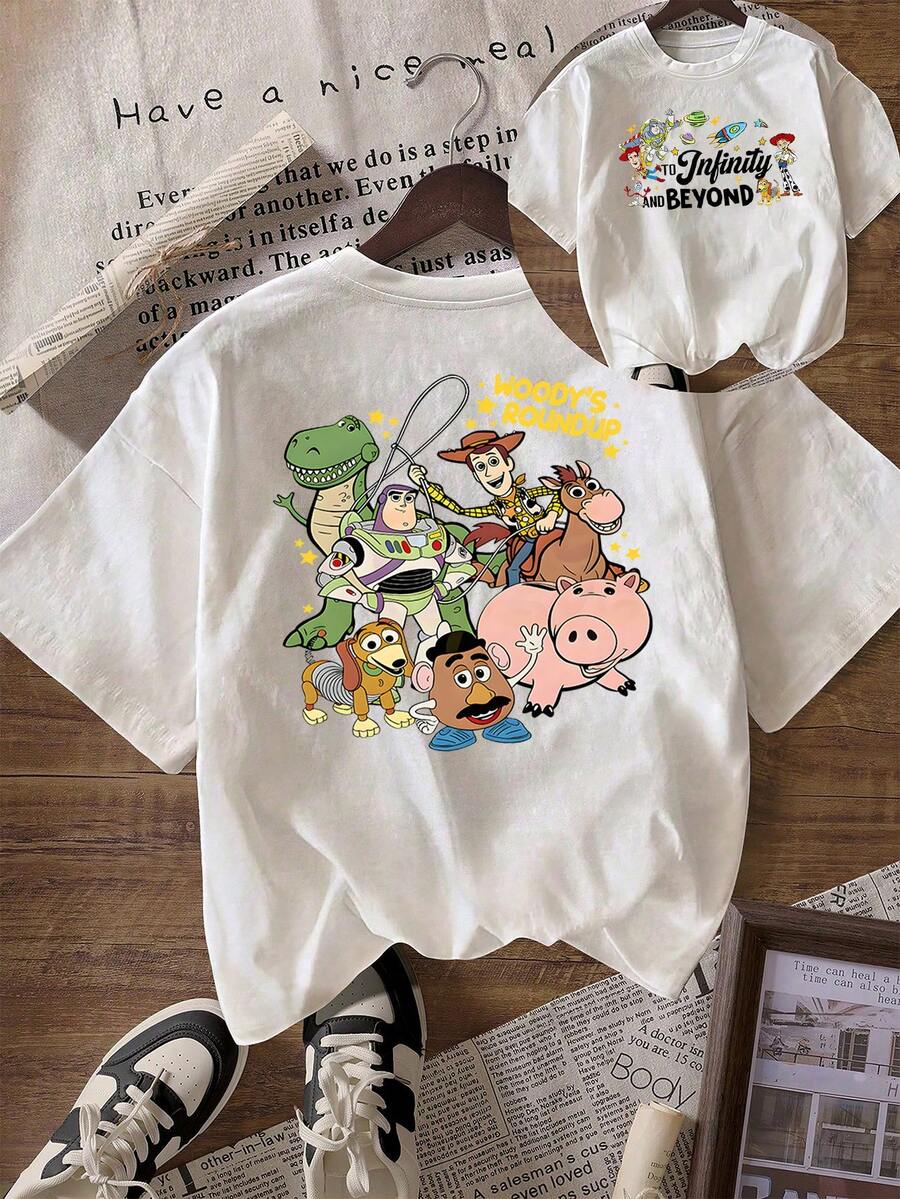 Disney (Loose Version) Women Cute Cotton Round Neck Short Sleeve Toy Story Graphic Tee Regular Length Summer Essential Short-Sleeved Round Neck Casual Shirt, Suitable For Summer And Spring, Holiday Gift Party Clothing, Ladies' Clothing. - White - View 1
