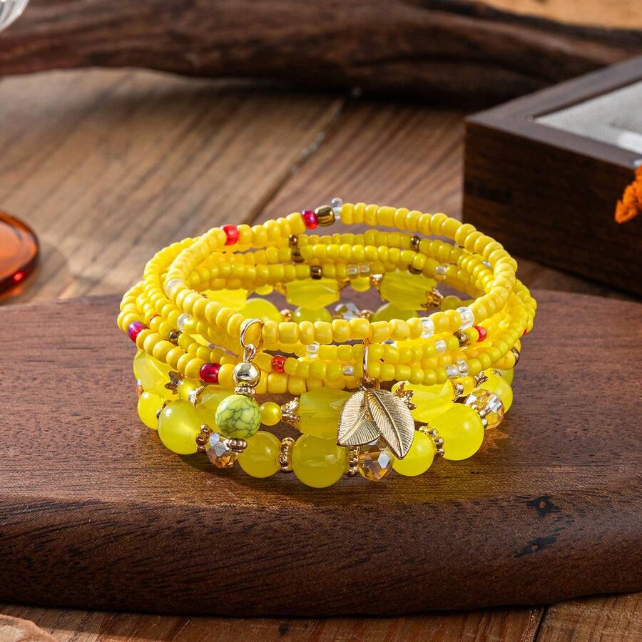 Set de 4 piezas de pulseras de joyería con cuentas de mijo - Amarillo - Ver 1