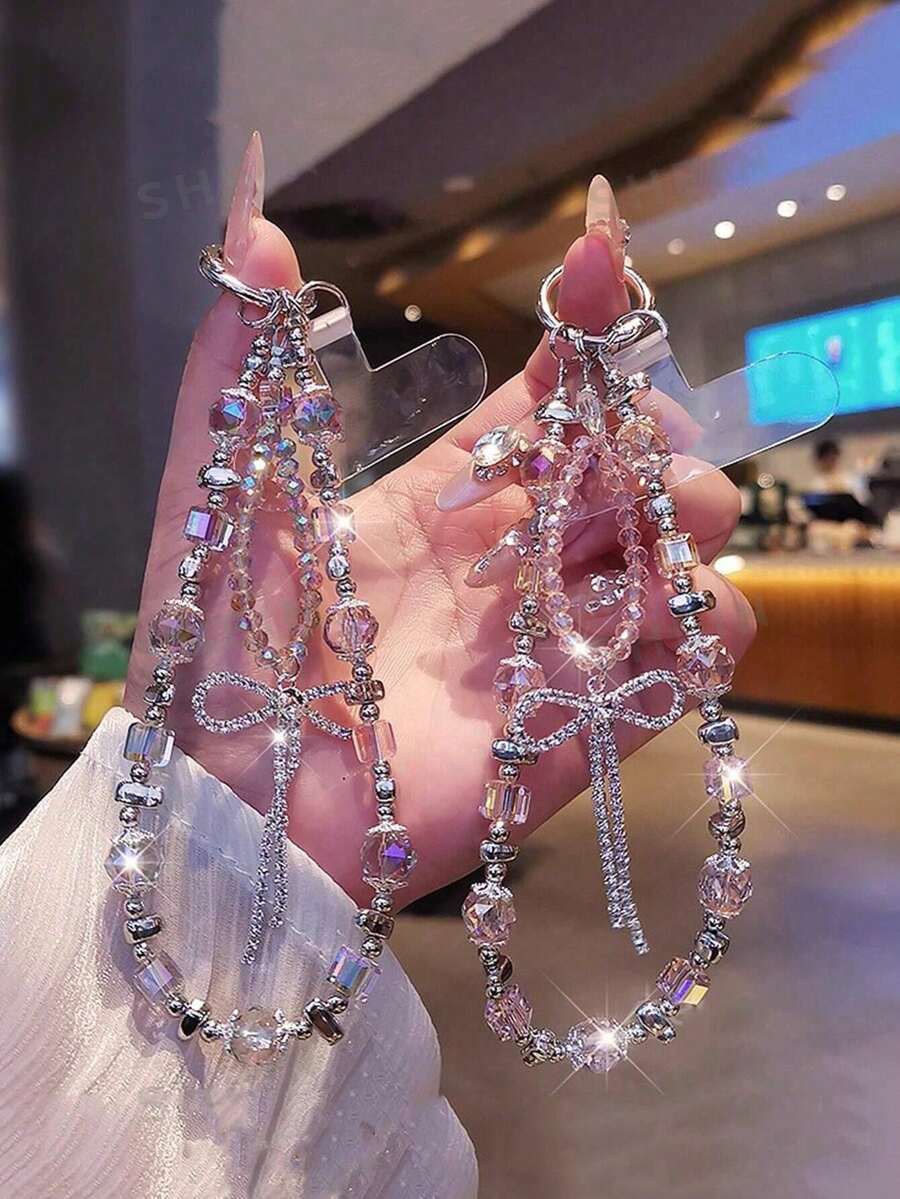 舒适贴合蝴蝶结元素 1 件装水晶蝴蝶流苏手机挂绳优雅手工串珠腕带便携式相机挂饰带夹子独特礼物送给女性春季生日 - 彩色 - 查看 1