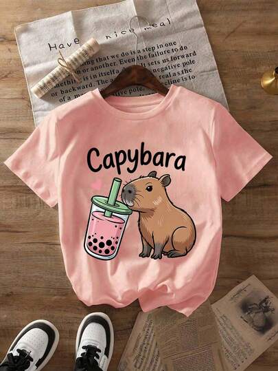 Áo thun ngắn tay in hình chuột lang nước hoạt hình dành cho nữ tuổi teen, áo cổ tròn thoải mái cho nữ tuổi teen mùa hè.