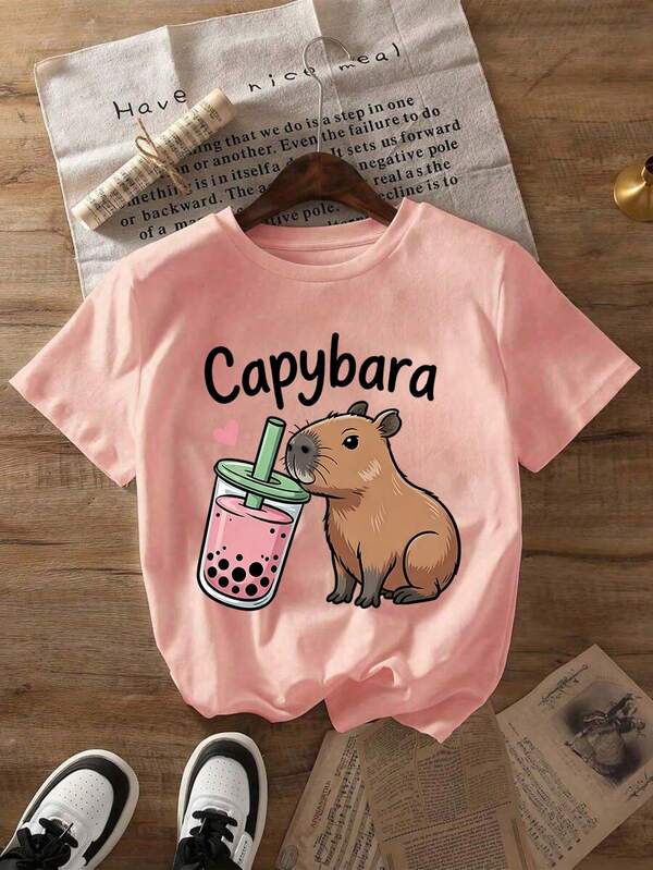 Teenage Girls' Cartoon Capybara Print Short Sleeve T-Shirt, Teenage Girls' Comfortable Round Neck Top For Summer