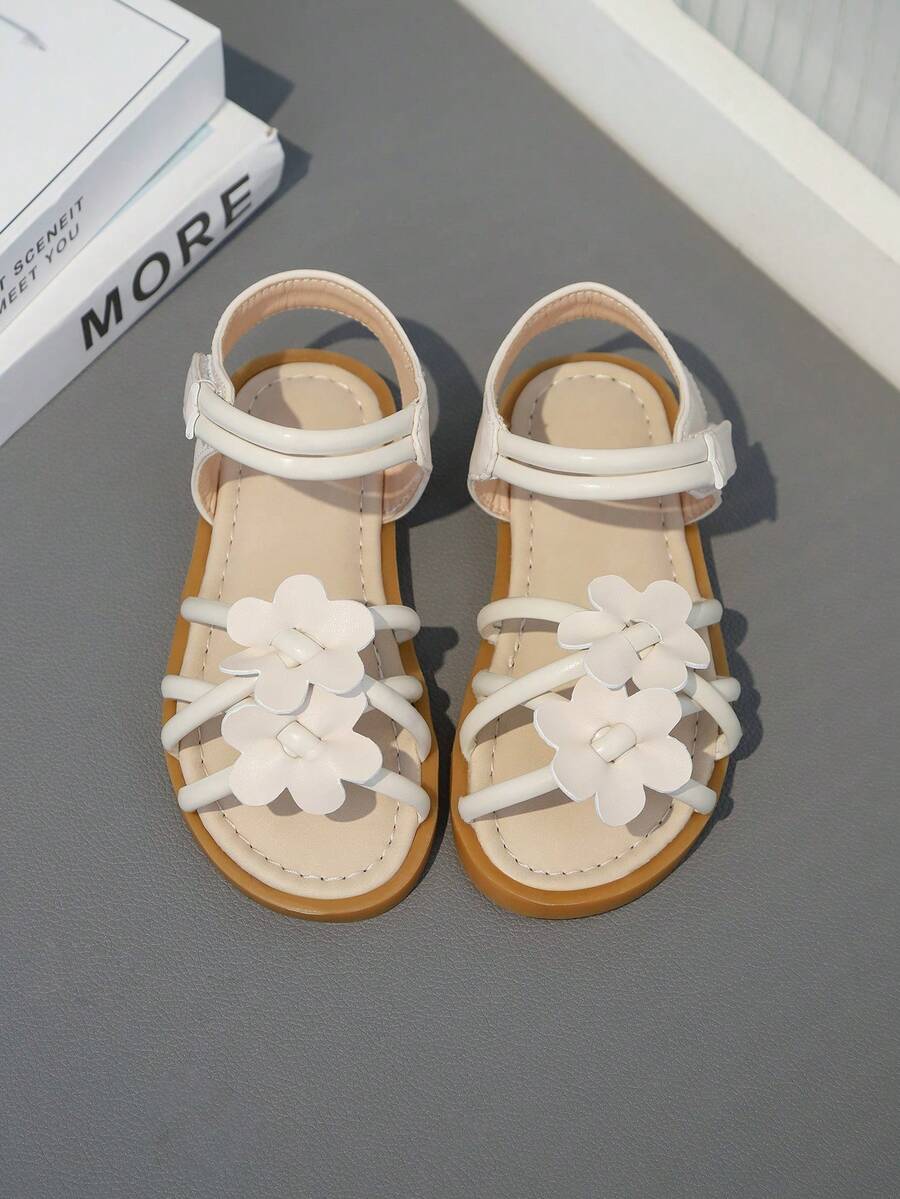 1 par de sandálias de verão para meninas, bege com estampa floral, estilo campestre, tiras cruzadas, fecho de , ideais para a escola e passeios diários, sandálias infantis da moda. - Bege - Ver 1