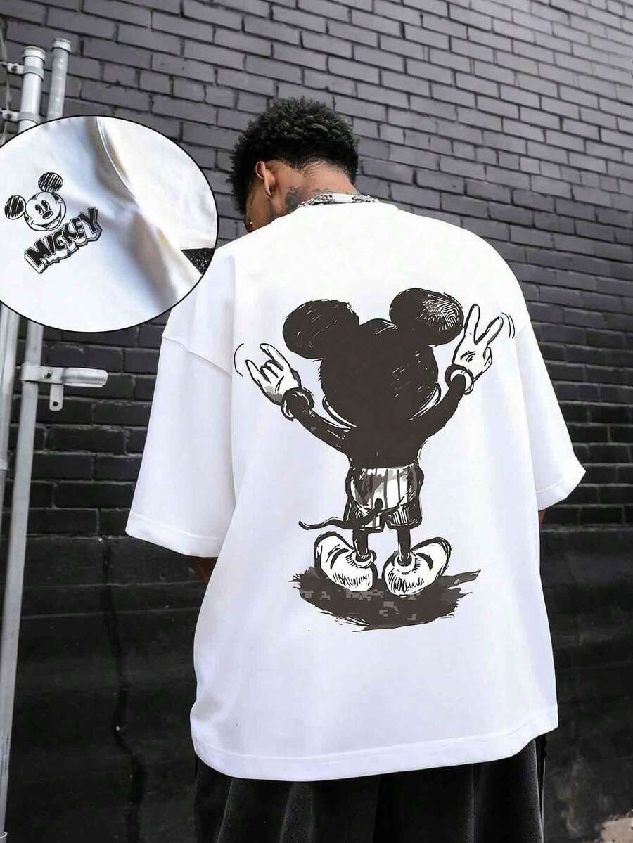 Mickey Mouse Peace Sign Doodle Graphic T Shirts 100 Percent Cotton Disney Shirt Washed 220g Unisex - White - View 1