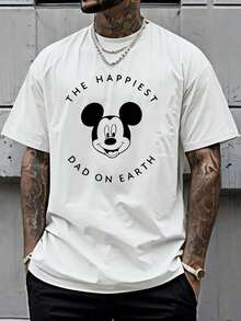 Disney Official Licensed Mickey Mouse "The Happiest Dad On Earth" Graphic T Shirts 100 Percent Cotton Disney Shirt Washed 220g Unisex - 白色 - 查看 1