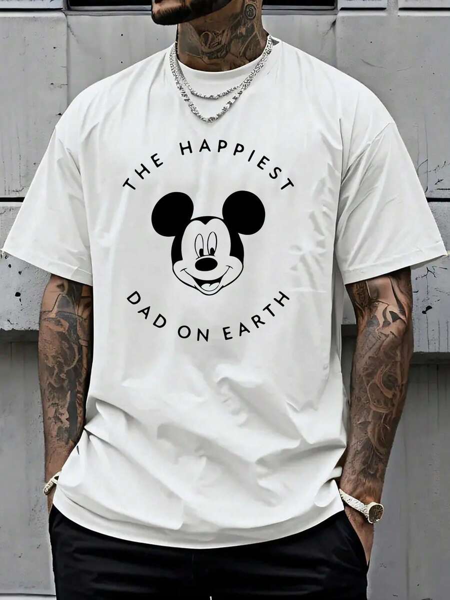 Disney Official Licensed Mickey Mouse "The Happiest Dad On Earth" Graphic T Shirts 100 Percent Cotton Disney Shirt Washed 220g Unisex - 白色 - 查看 1