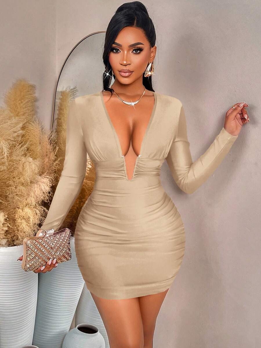 AIJ Amarilo Elegant Sexy Women's Deep V-Neck Long Sleeve Ruched Bodycon Knit Dress, Suitable For Parties And Nightlife Spring - Khaki - View 1