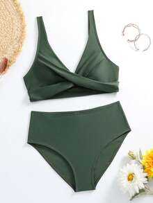 Bộ đồ bơi liền thân gợi cảm cổ chữ V chéo dành cho nữ, bikini cạp cao màu trơn 2 mảnh, thích hợp cho kỳ nghỉ hè ở bãi biển. - màu xanh lá - Xem 2