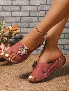 Sandal đế bằng nữ với họa tiết hoa 3D, đế dày, siêu nhẹ, sandal đế xuồng phong cách bohemian cho kỳ nghỉ và hoạt động ngoài trời. - Hồng - Xem 2