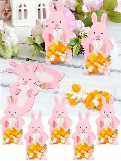 50/10个复活节兔子糖果饼干袋，粉色兔子贺卡，带自粘透明袋，复活节派对糖果，节日派对礼品，生日婚礼糖果包装袋，饼干巧克力包装材料，纸质礼品盒，复活节篮子装饰，复活节派对装饰礼品袋